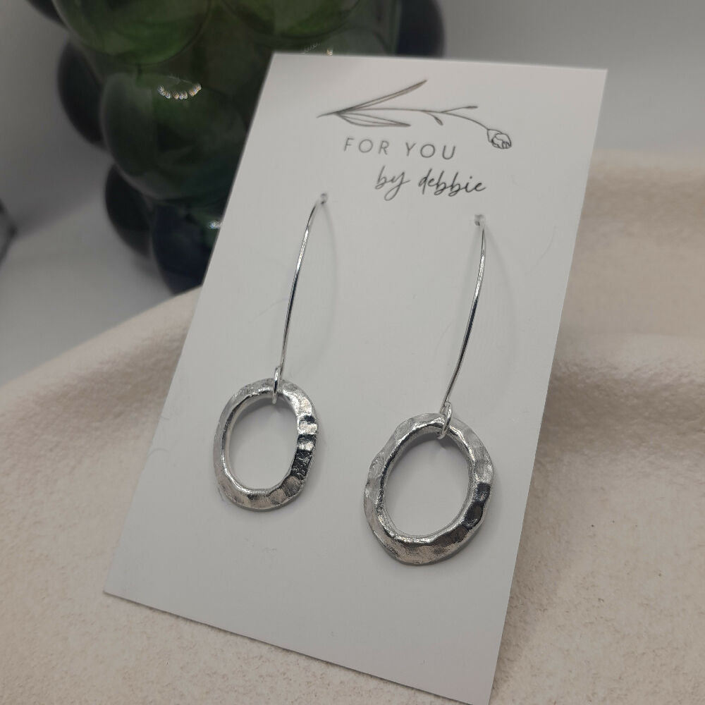 Fine silver earrings hammered oval -handmade ear wire