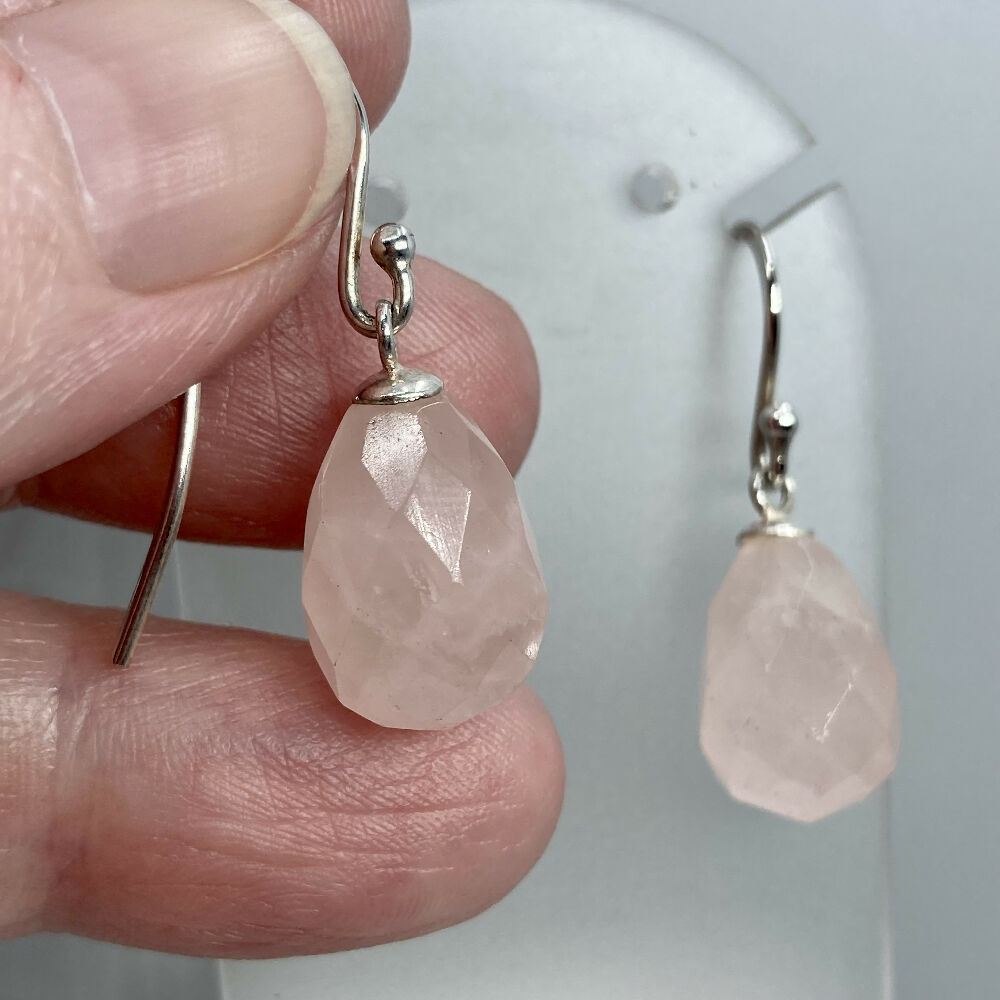 Rose - quartz - briolettes - sterling - silver - held - by - hand