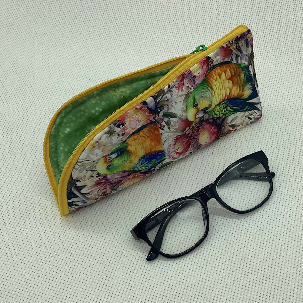 Australian birds curved top zip pouch for glasses, phones, handbag organiser, etc.