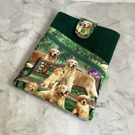 Retriever Dog Book Sleeve. IPad/Tablet pouch. 2 pockets with flap closure.