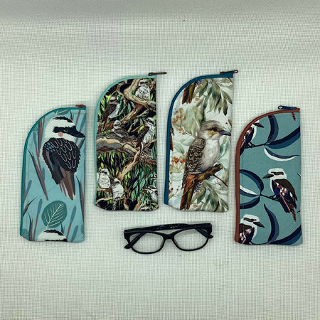 Australian Kookaburras curved top zip pouch for glasses, phones, handbag organiser, etc.