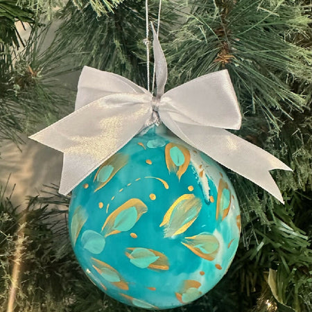 Glass Christmas Tree Ornament Bauble Hand Painted In Teal & White With Gold