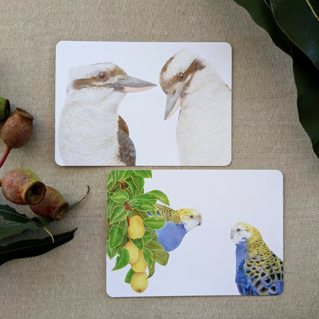 Australian bird postcards. Laughing kookaburras and Pale headed rosellas.