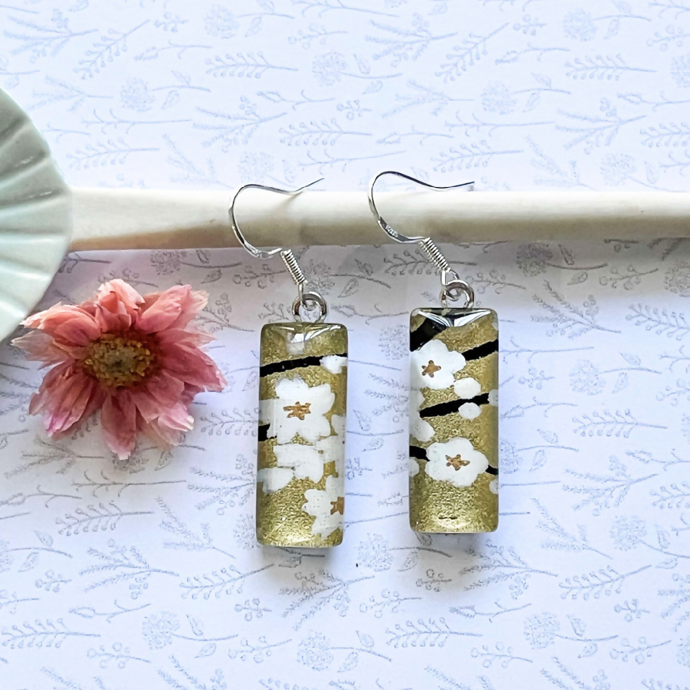 White Cherry Blossom Earrings • Glass and Resin Earrings