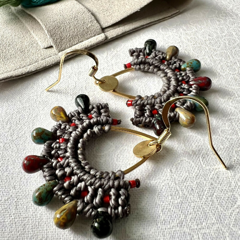 Teardrop Micro Macrame Earrings / Czech Glass + Free Microfibre Pouch