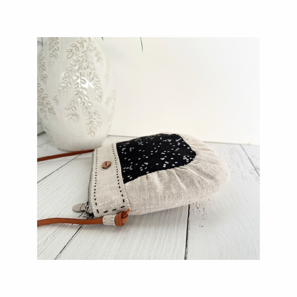 Sweet Linen Crossbody Bag - Black w/ White Dots