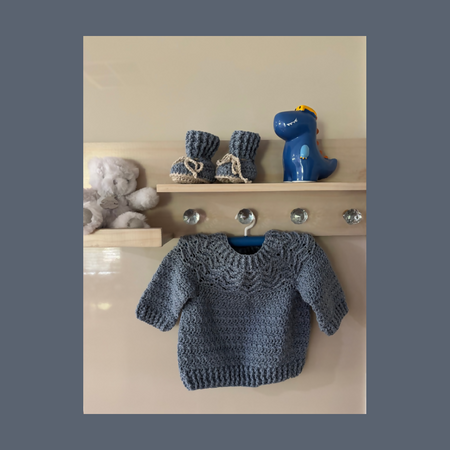 Crocheted Denim Blue Baby Jumper & Bootie Set