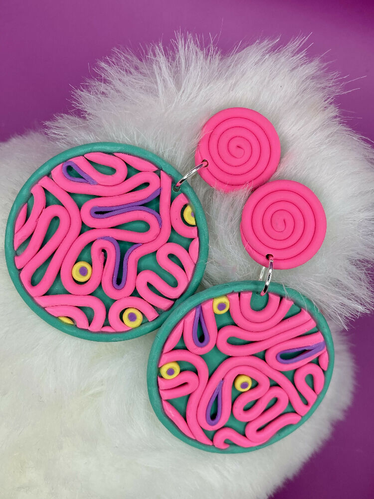 Pink scribble circle dangles