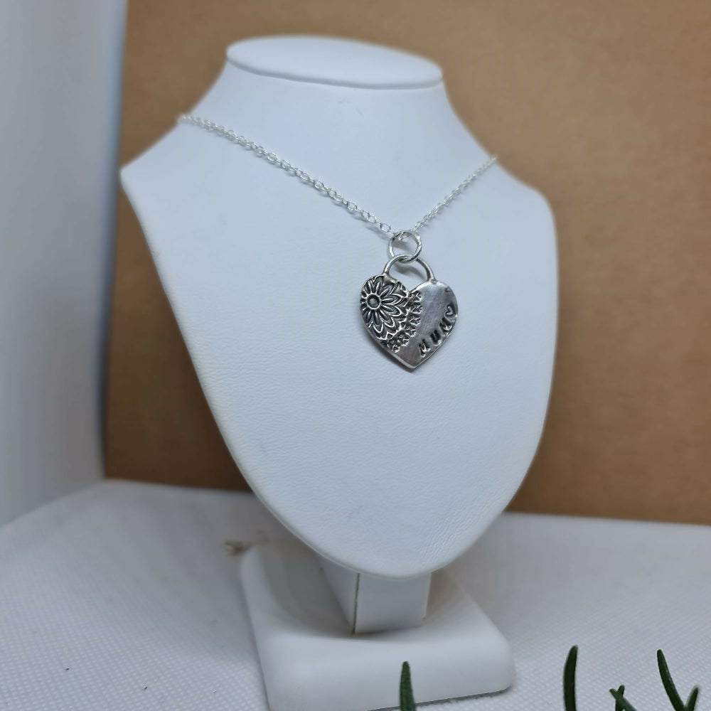 Handmade Fine Silver Boho Mum Heart Textured Pendant