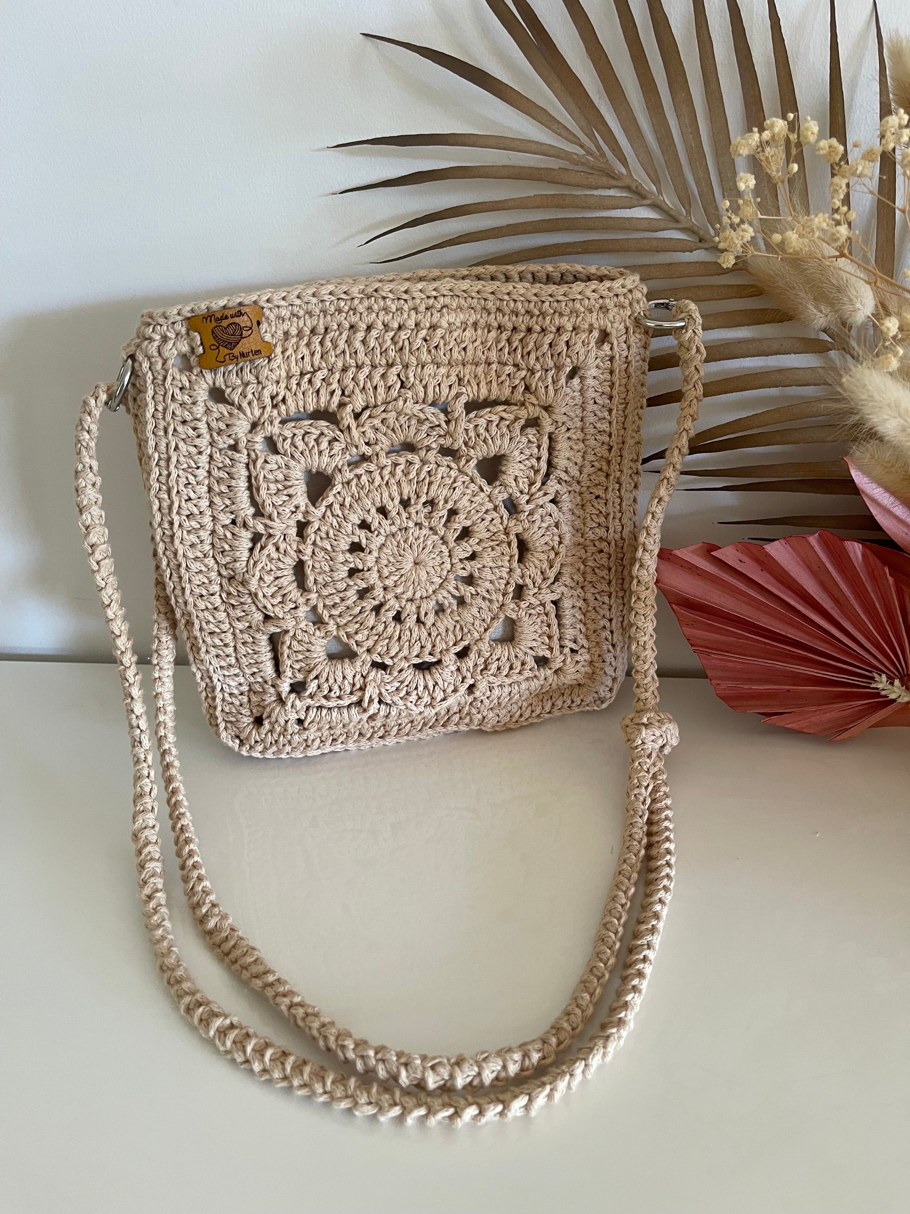 Handmade Crochet Crossbody Bag - Beige Boho Shoulder Bag, Fully Lined
