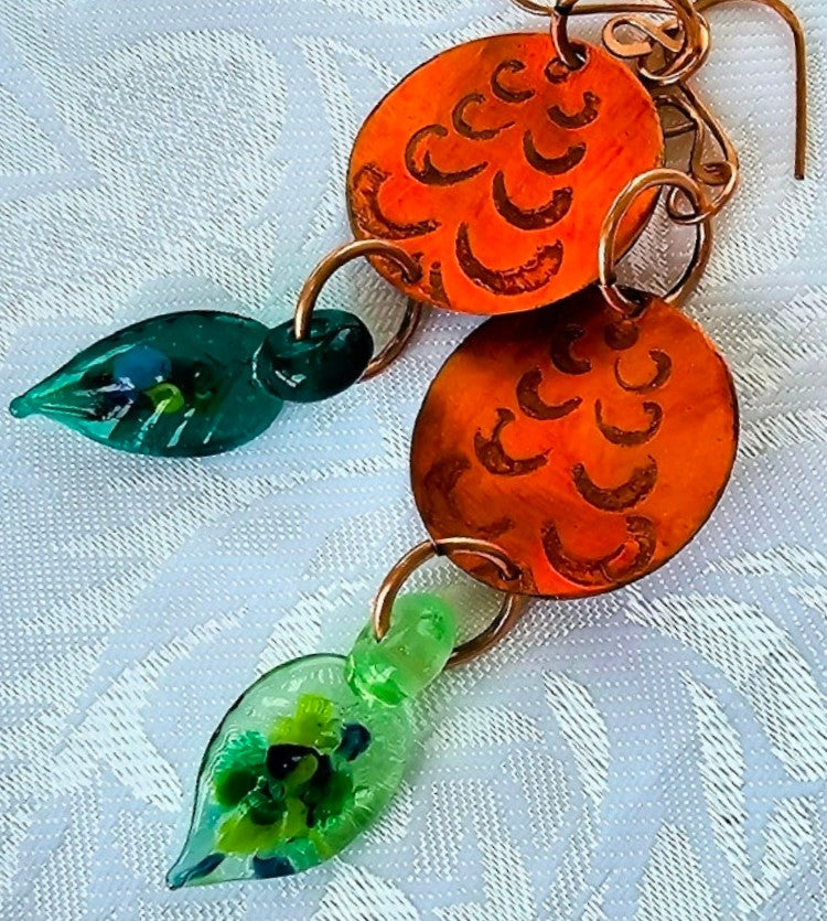 Copper Disc Earrings with Lampwork Leaf Dangles FREE POST