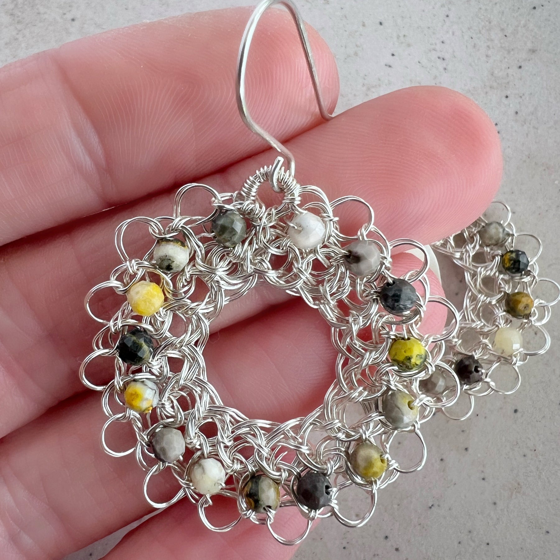 Silver hoop earrings with faceted jasper and argentium ear hooks