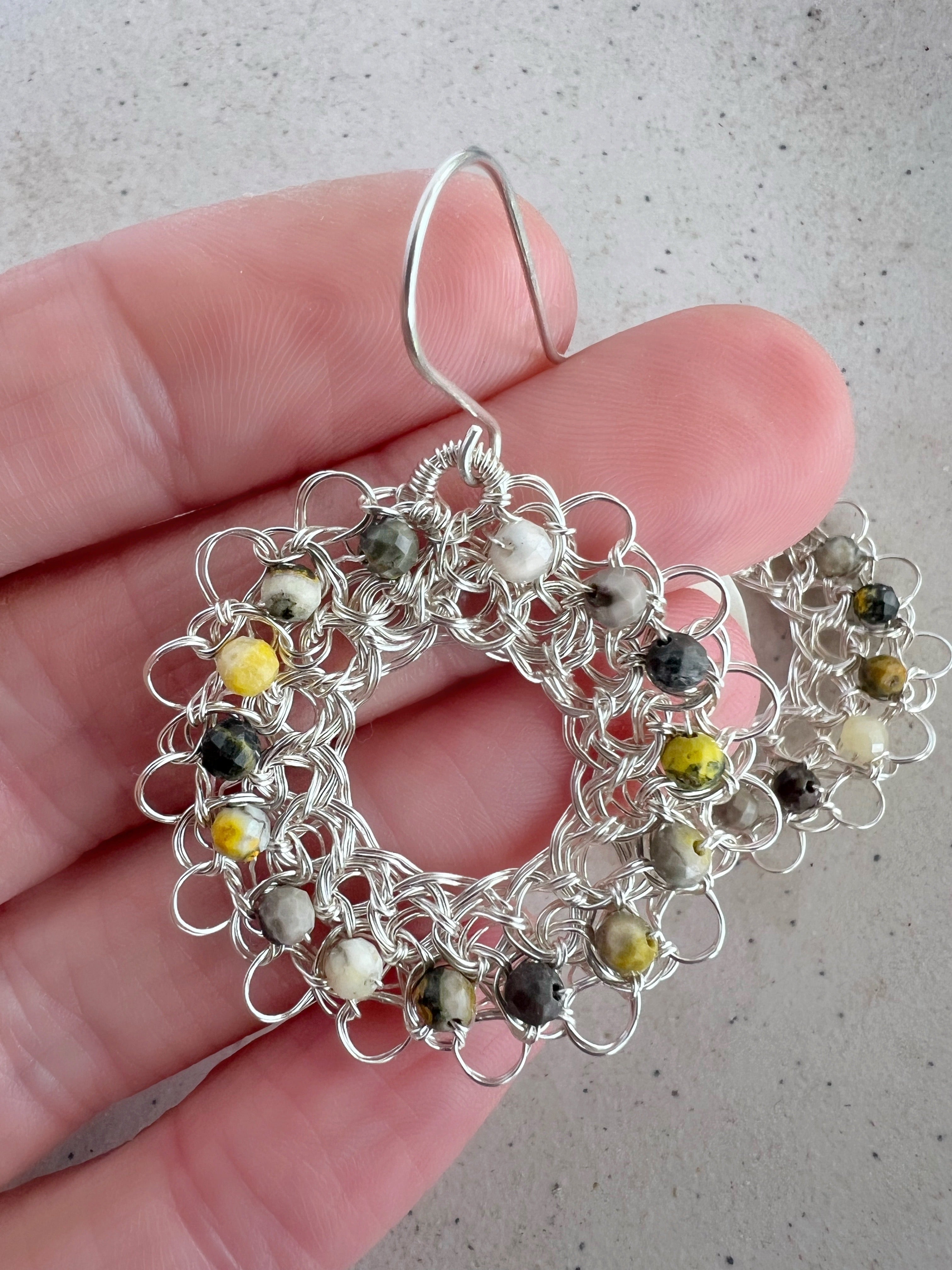 Silver hoop earrings with faceted jasper and argentium ear hooks