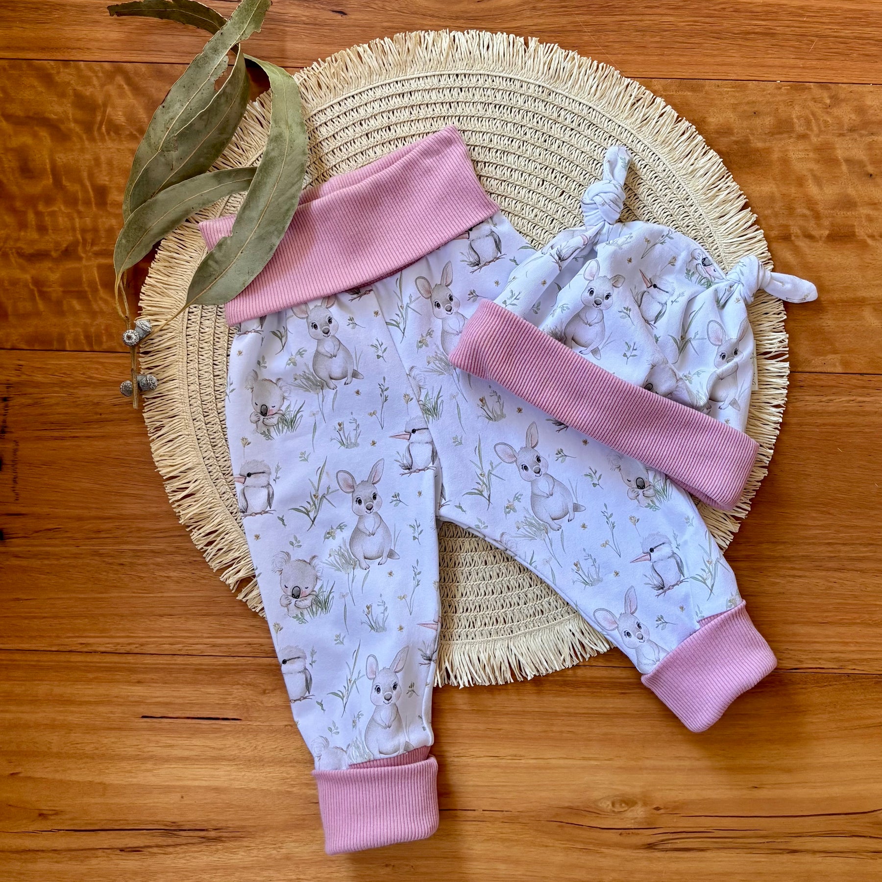 Baby Pants and Hat Set | Pink Kangaroos | Size newborn to 2 | Made to Order