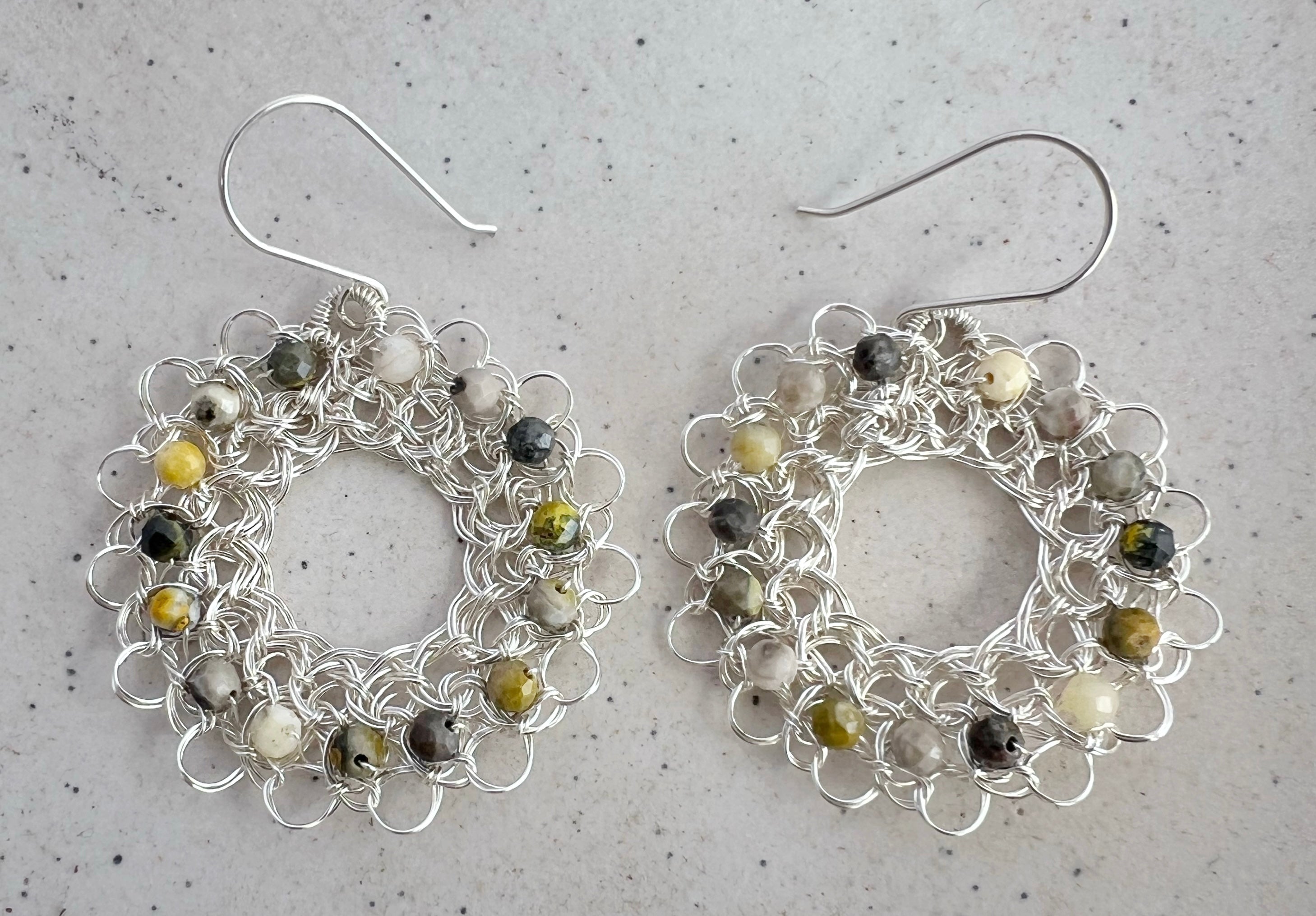 Silver hoop earrings with faceted jasper and argentium ear hooks