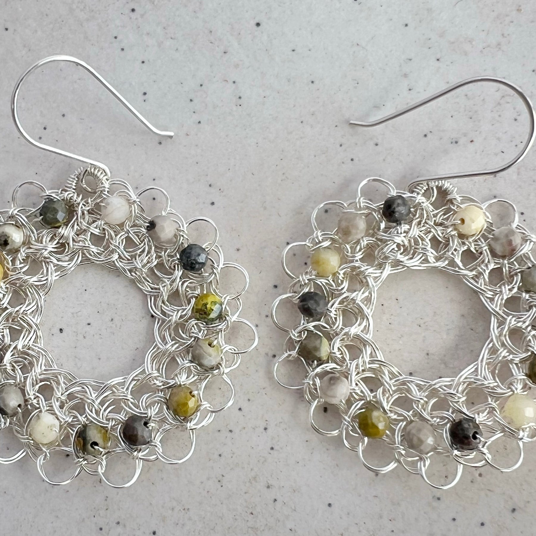 Silver hoop earrings with faceted jasper and argentium ear hooks