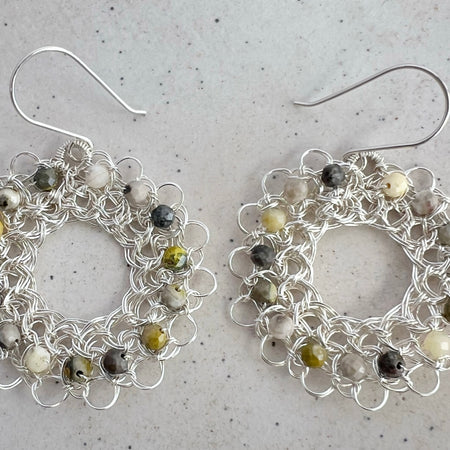 Silver hoop earrings with faceted jasper and argentium ear hooks