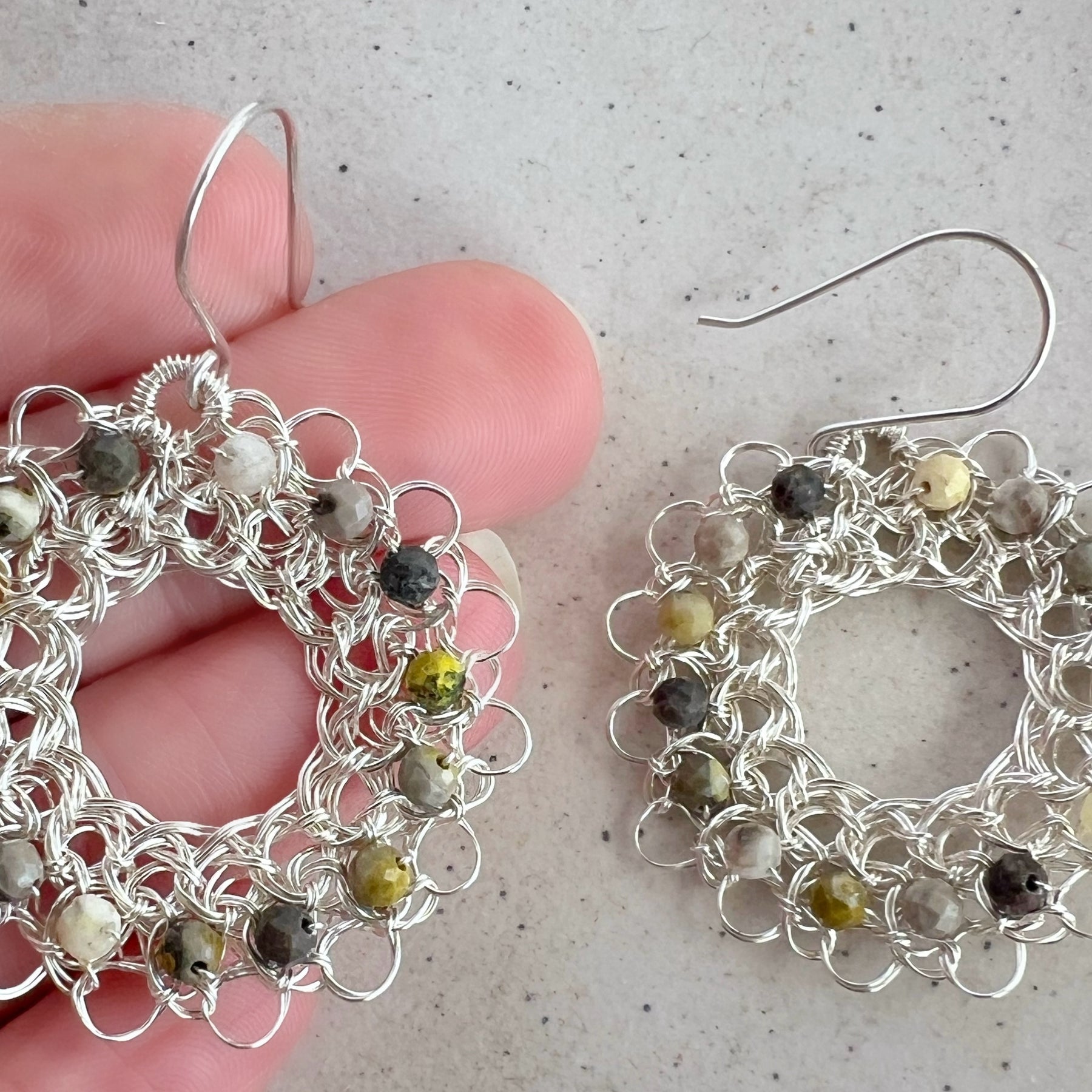 Silver hoop earrings with faceted jasper and argentium ear hooks