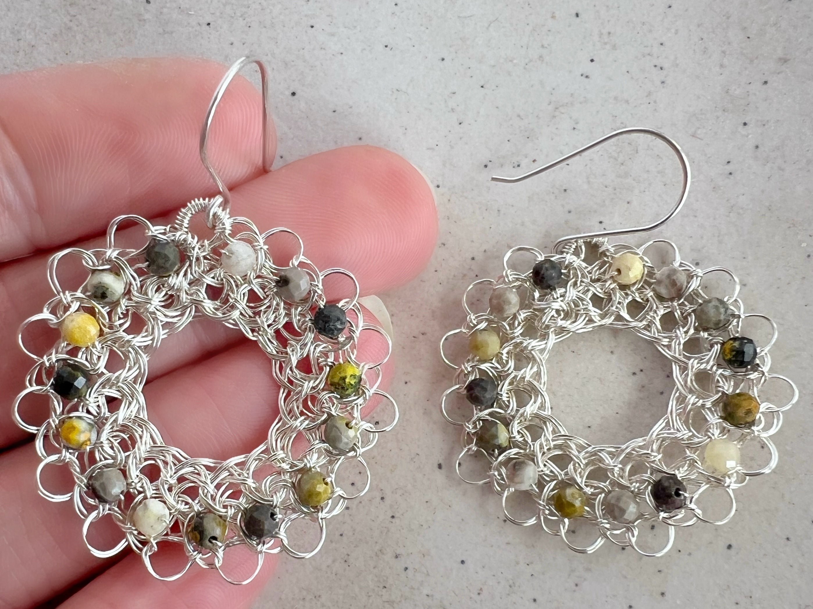 Silver hoop earrings with faceted jasper and argentium ear hooks