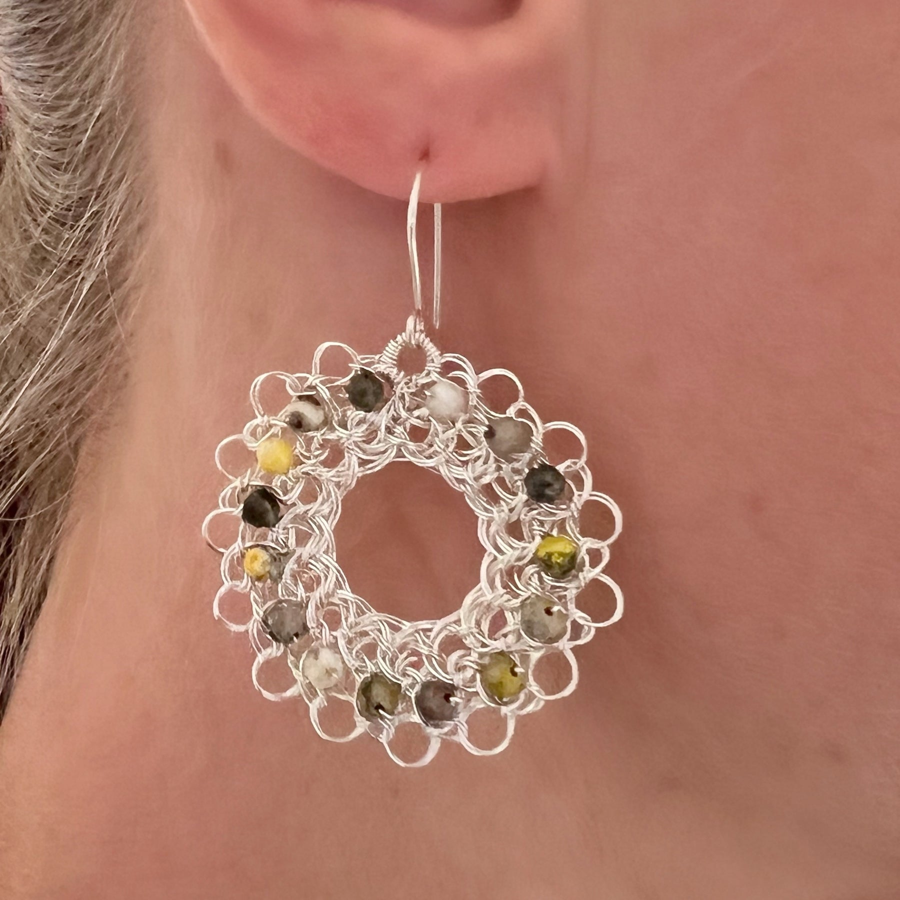 Silver hoop earrings with faceted jasper and argentium ear hooks