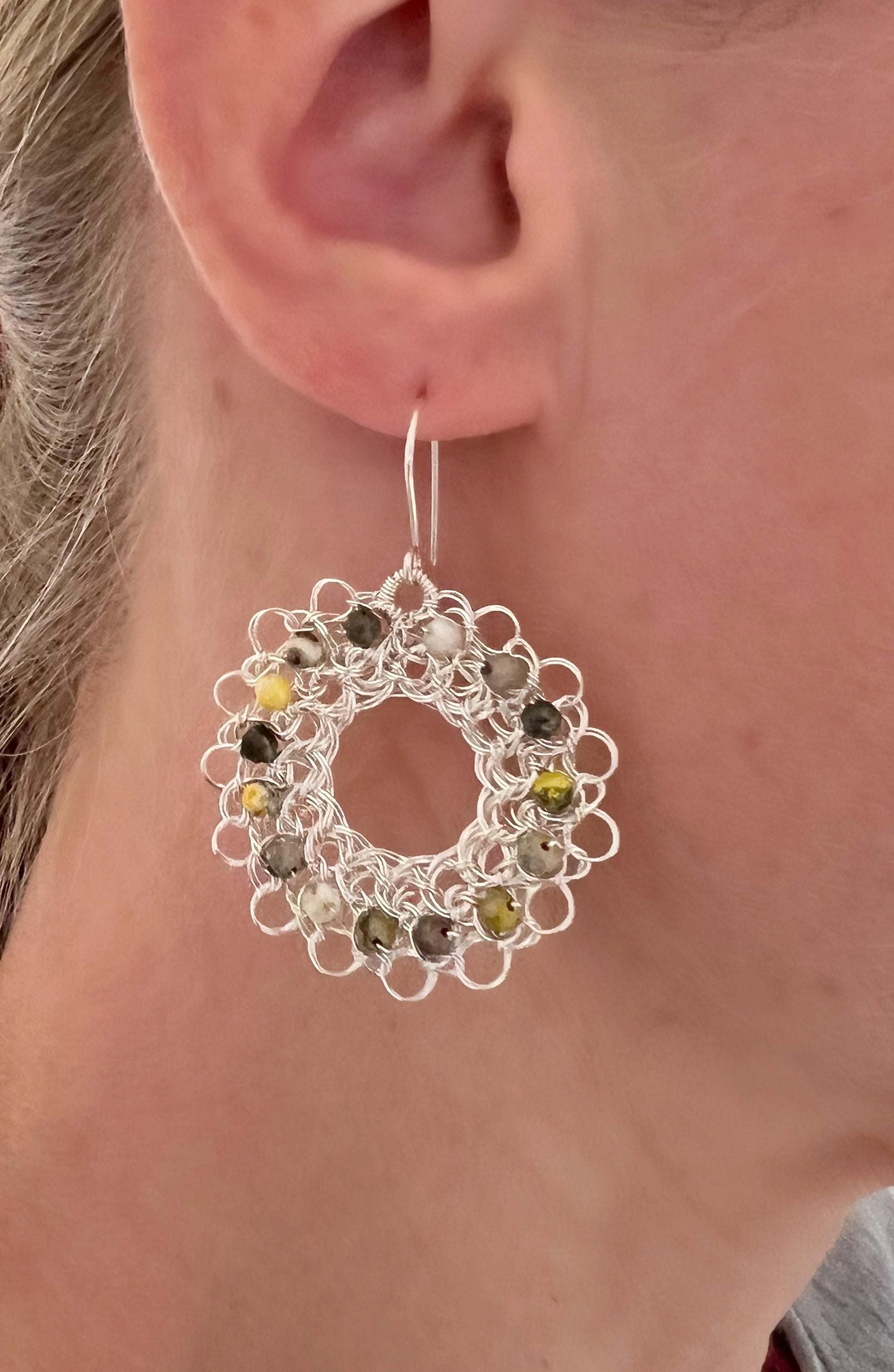 Silver hoop earrings with faceted jasper and argentium ear hooks