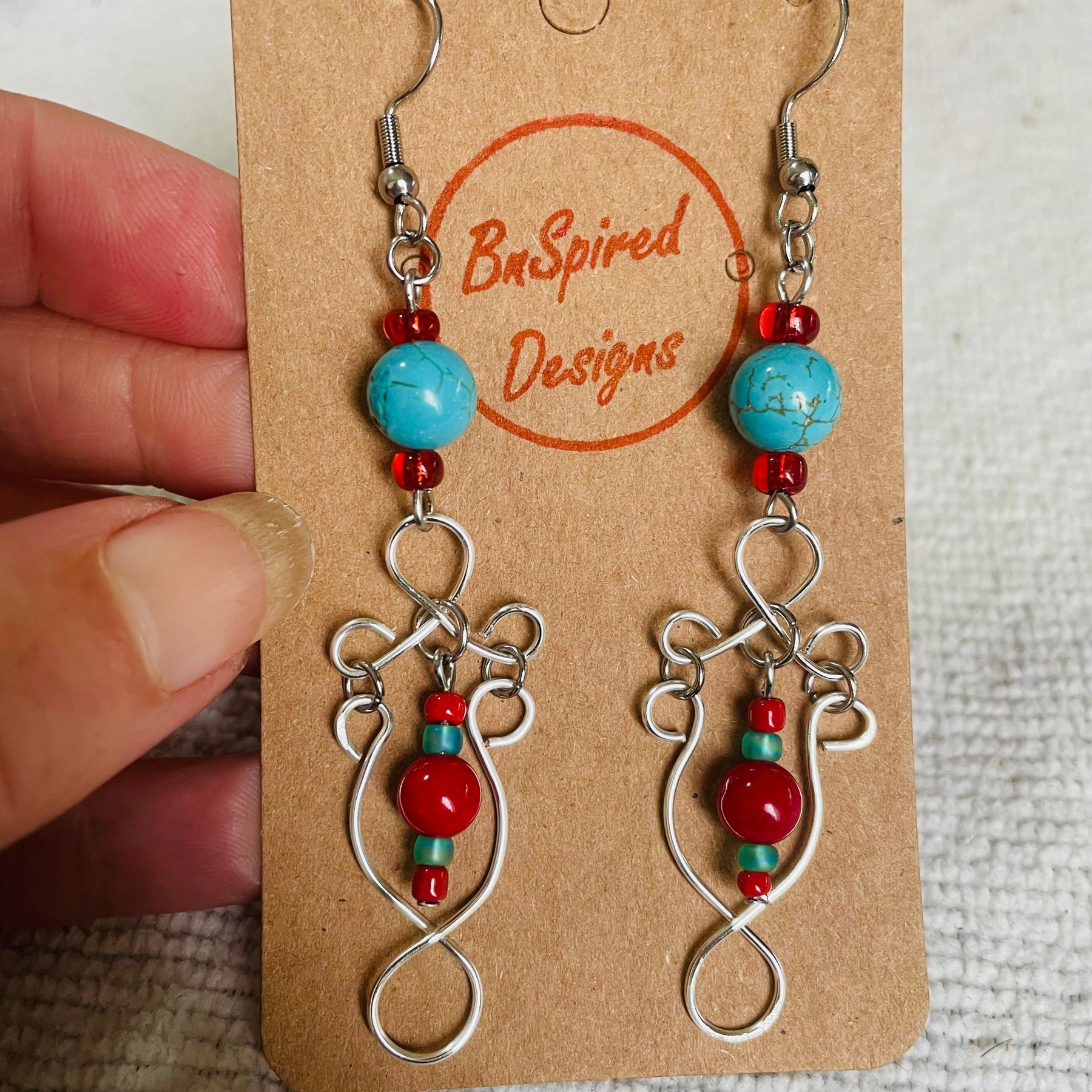 Vibrant Red and Blue Gemstone Dangling Wired Earrings