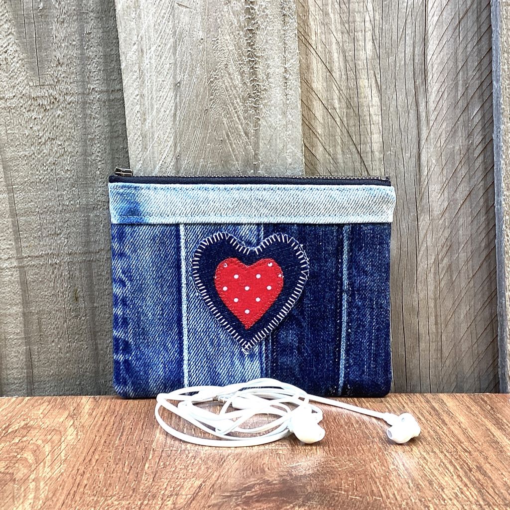 Upcycled Denim Purse – Denim & Red Polka Dot Heart