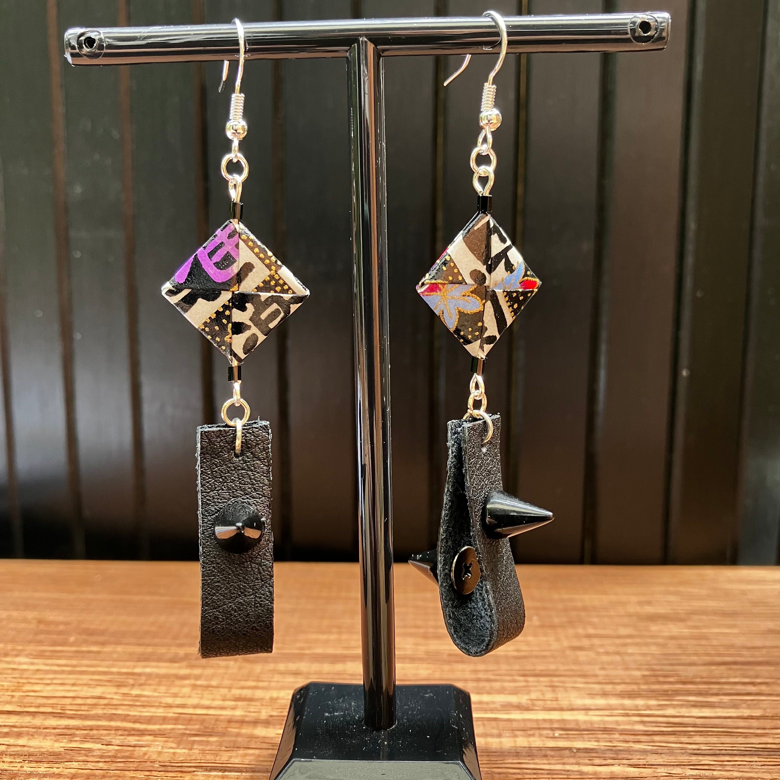 Checkerboard Japanese Paper and Leather Earrings