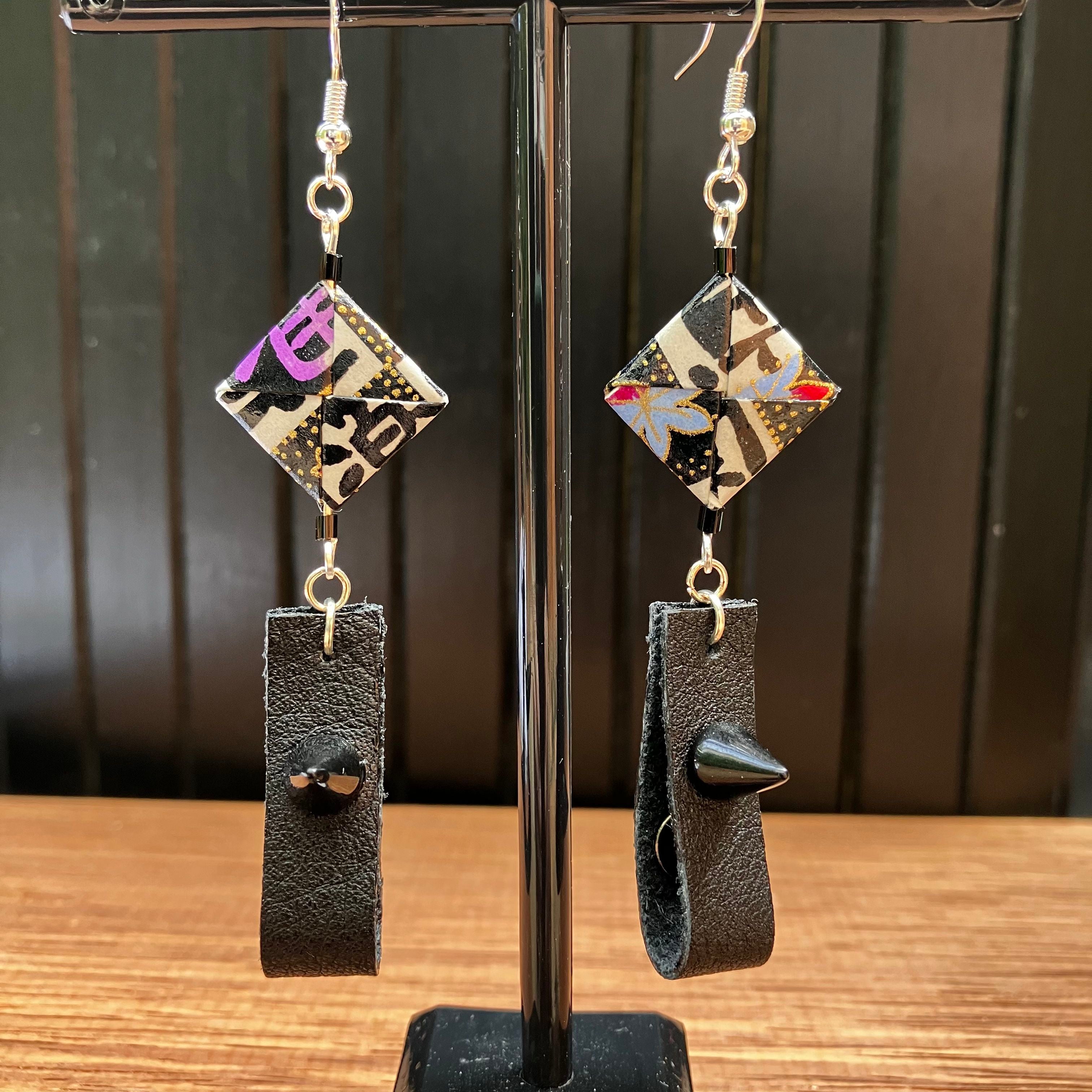 Checkerboard Japanese Paper and Leather Earrings