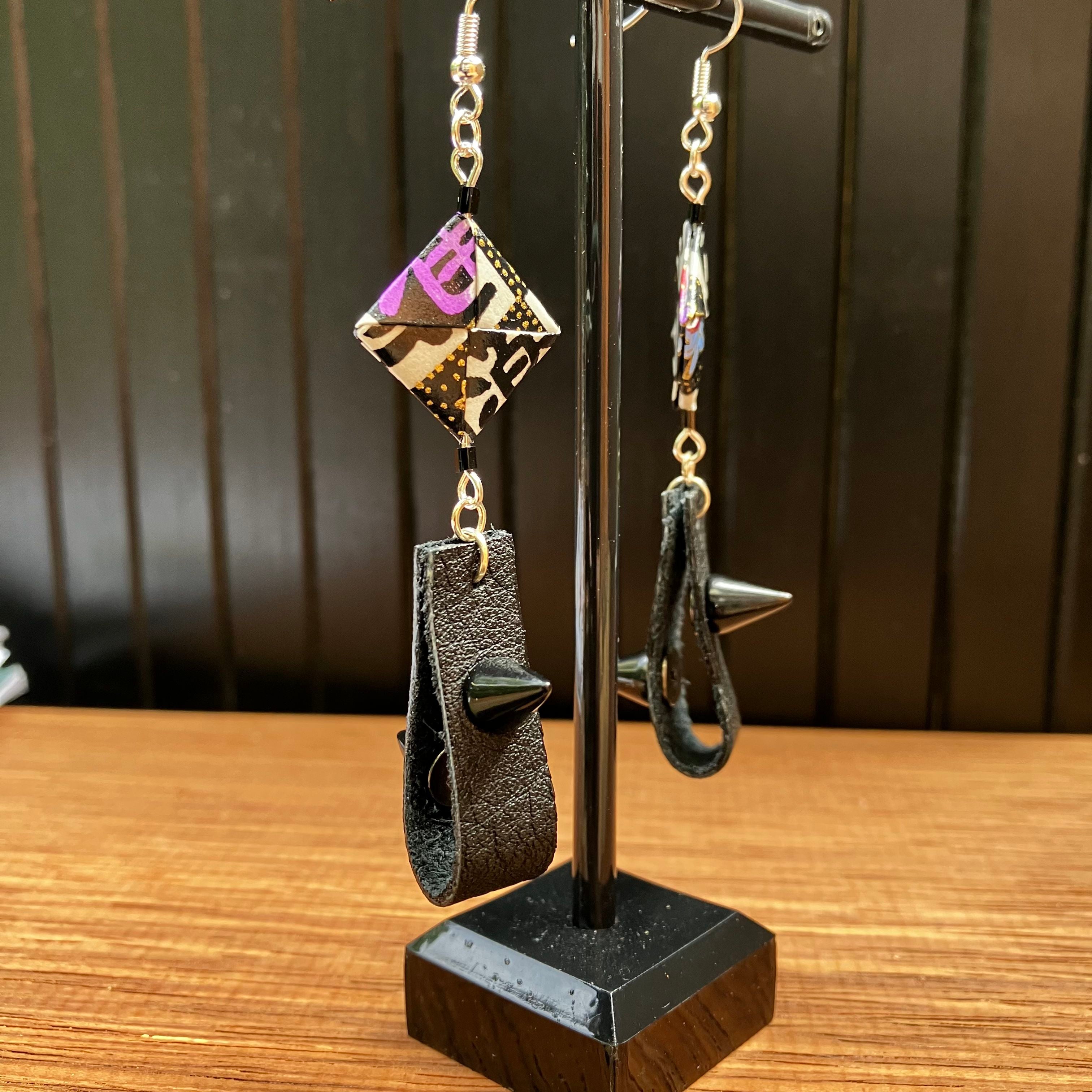 Checkerboard Japanese Paper and Leather Earrings