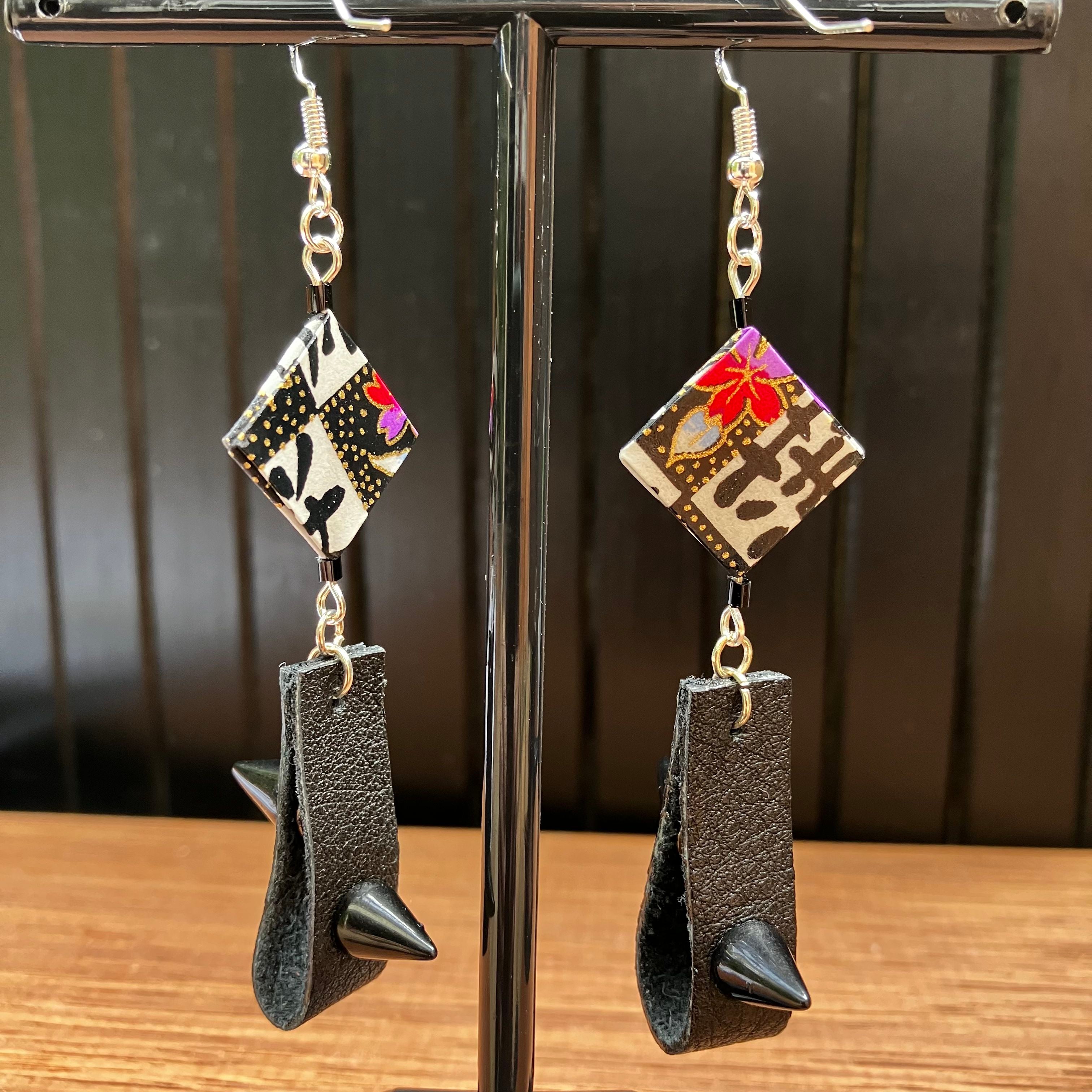 Checkerboard Japanese Paper and Leather Earrings