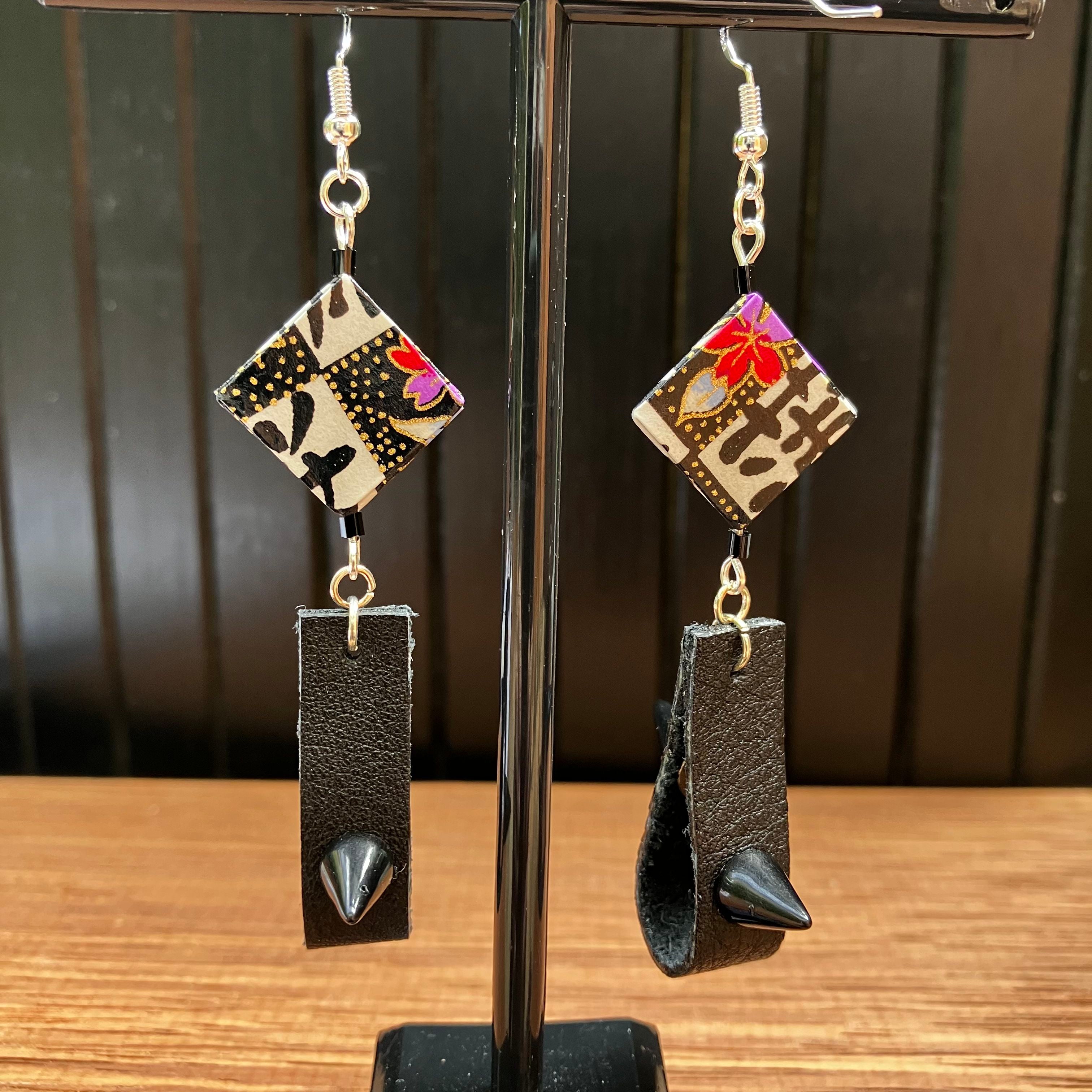 Checkerboard Japanese Paper and Leather Earrings