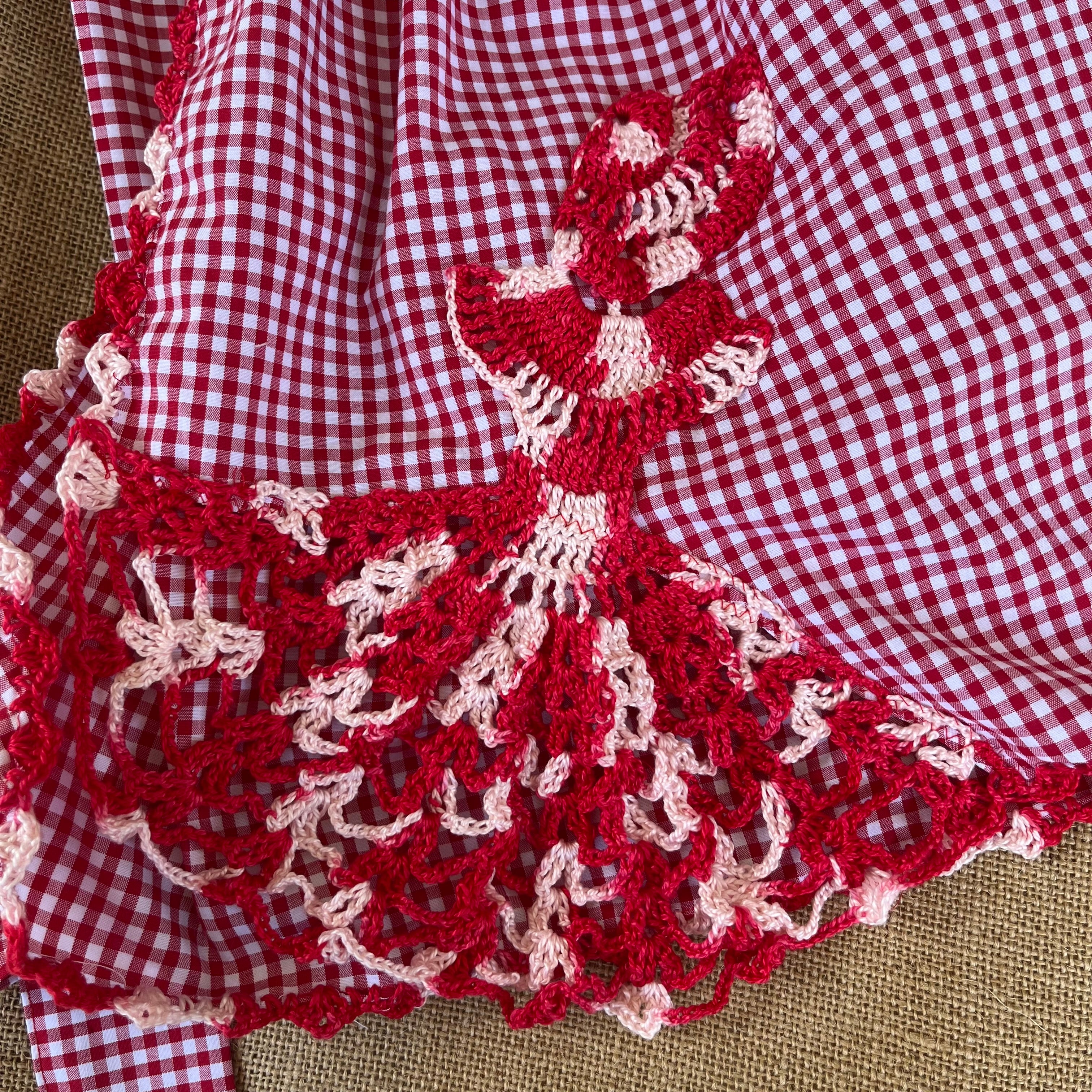 Red gingham apron with hand crochet lady