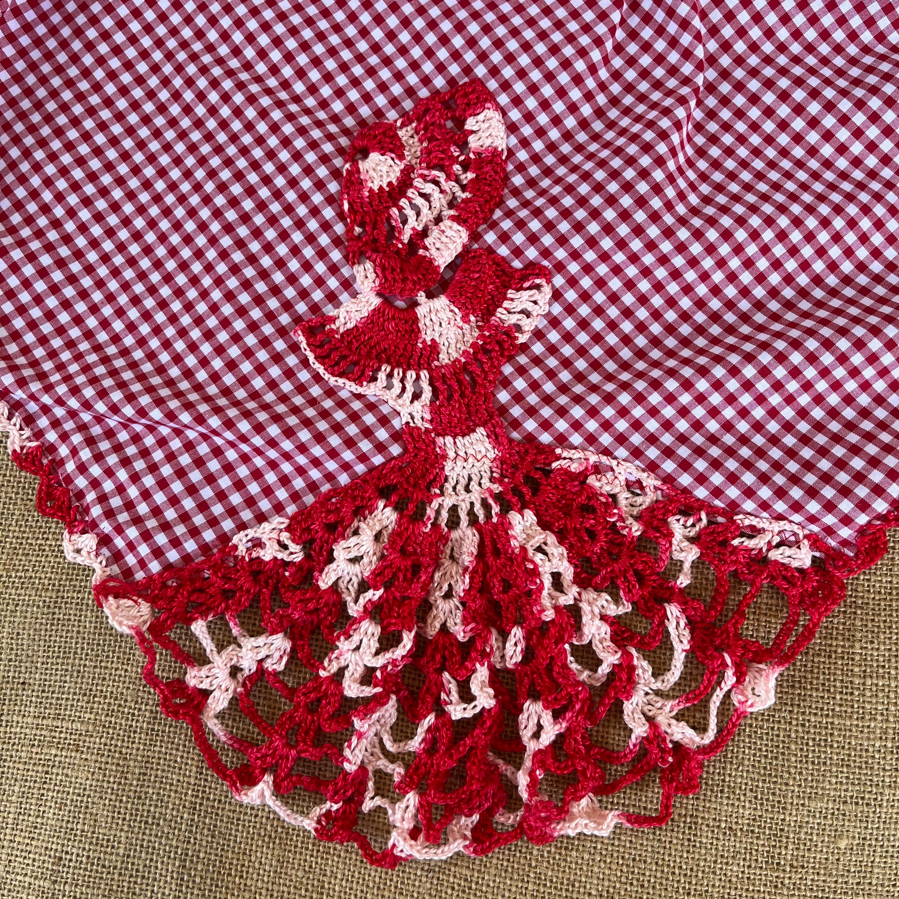 Red gingham apron with hand crochet lady