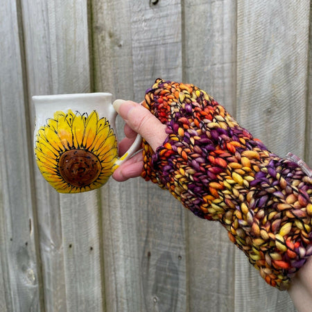 Hand Knitted Handwarmers, Rainbow mustard gloves