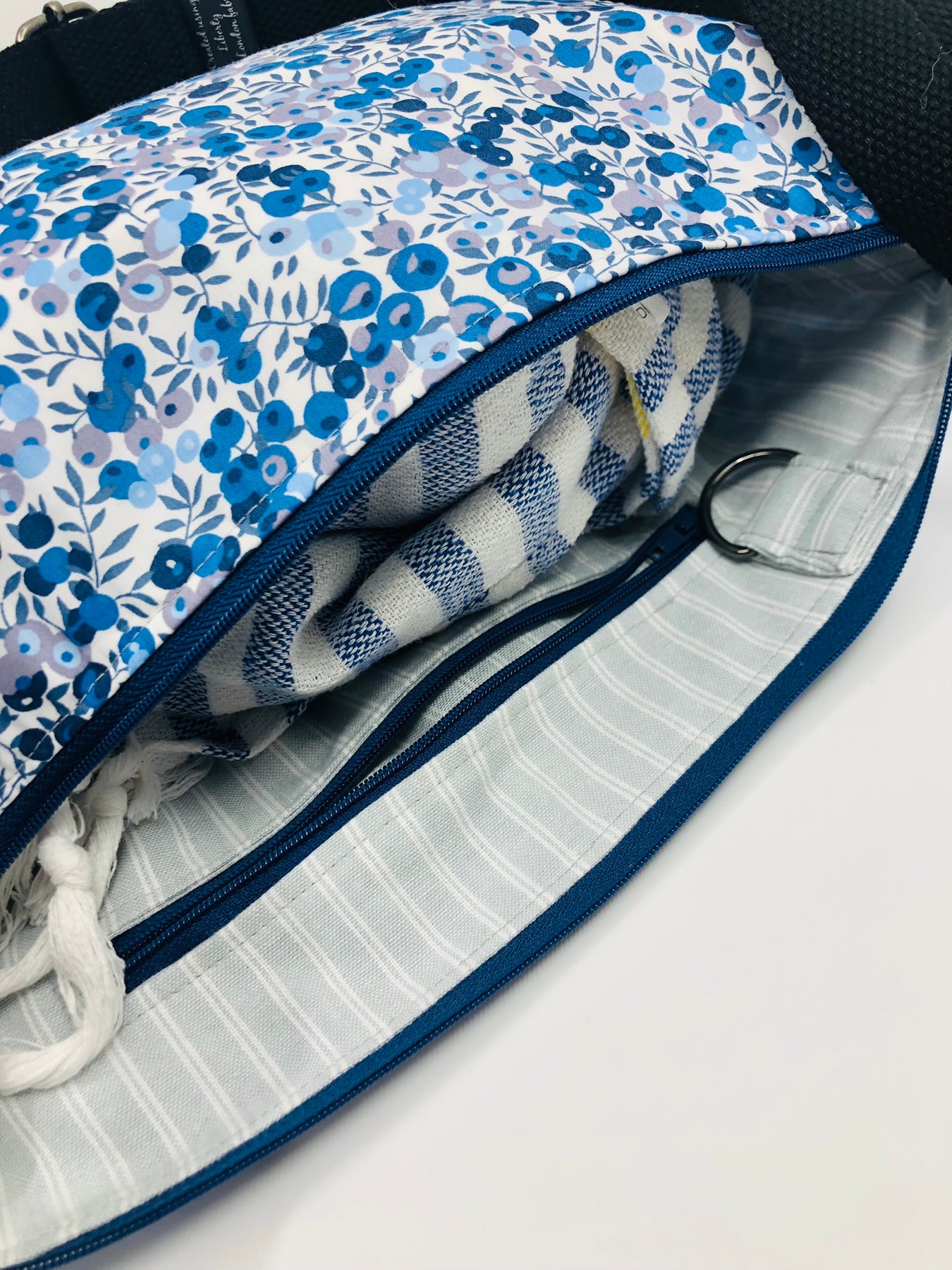Blue Wiltshire Liberty fabric cross body crescent bag