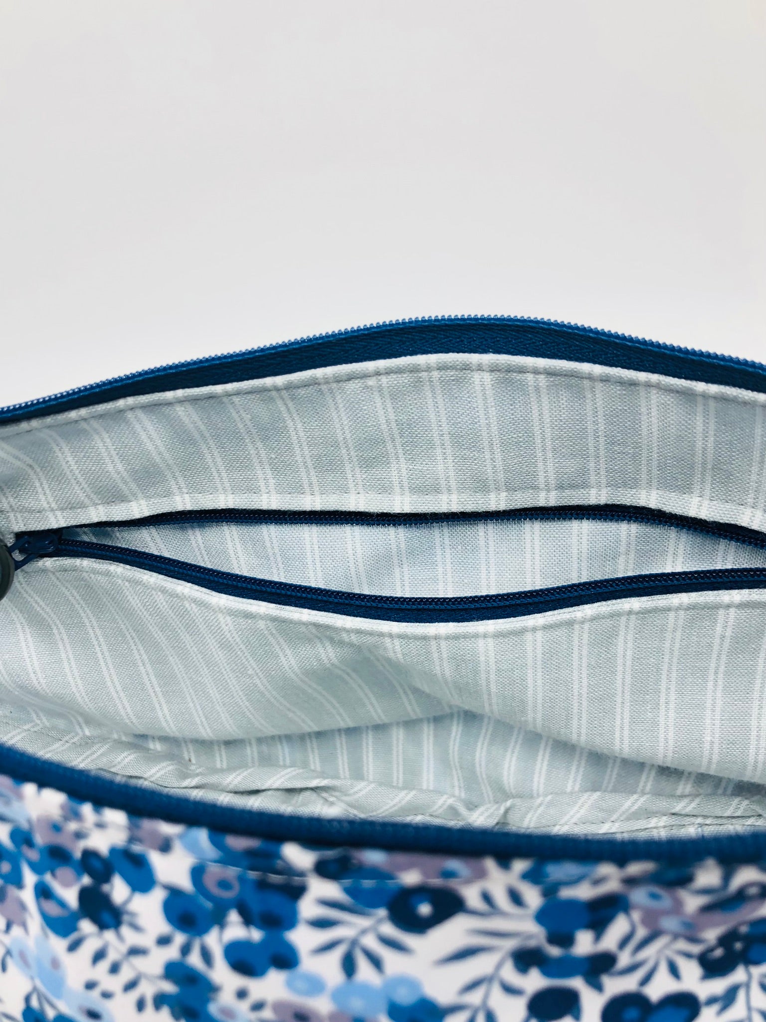 Blue Wiltshire Liberty fabric cross body crescent bag