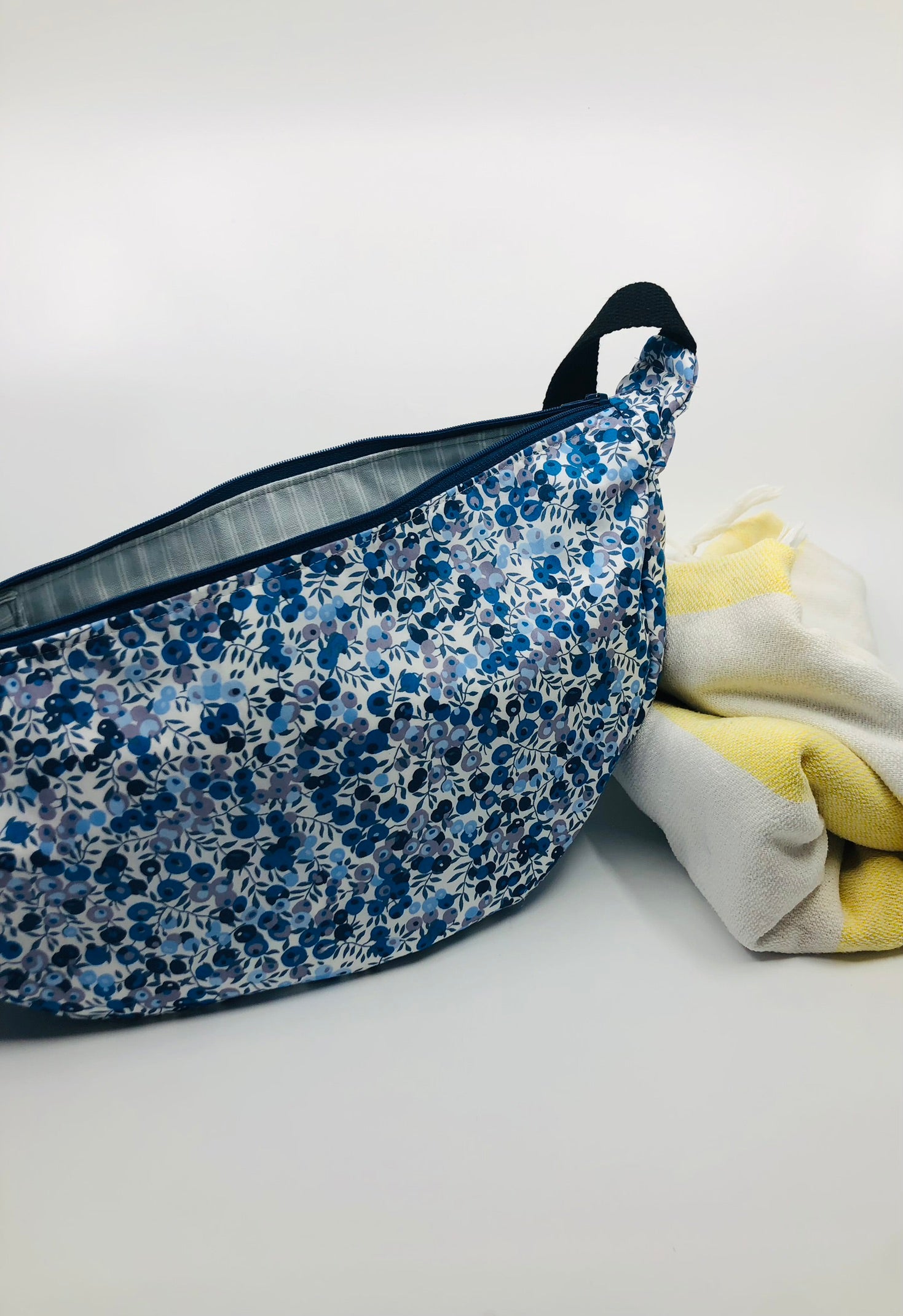 Blue Wiltshire Liberty fabric cross body crescent bag