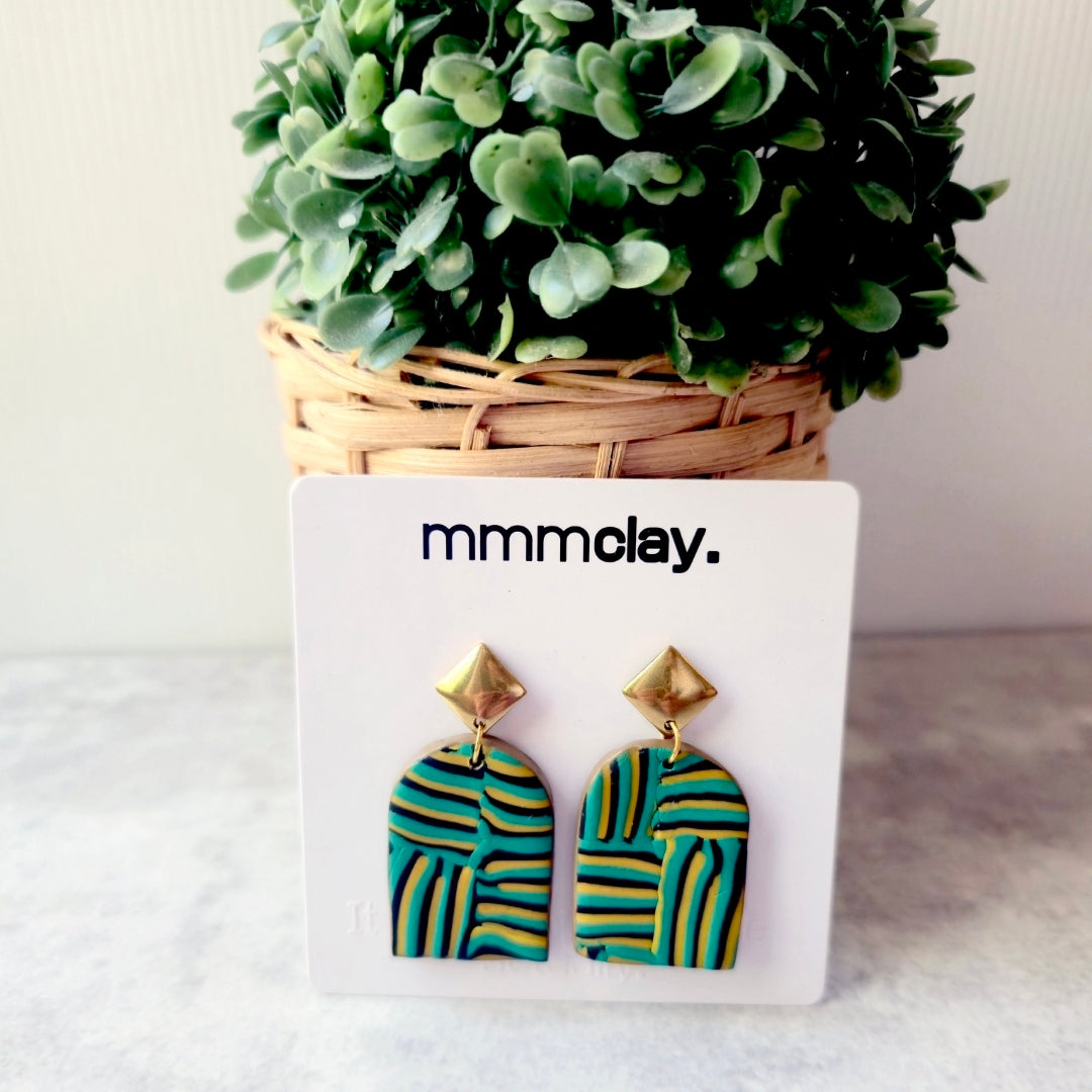Teal and Mustard Striped Polymer Clay Arch Earrings