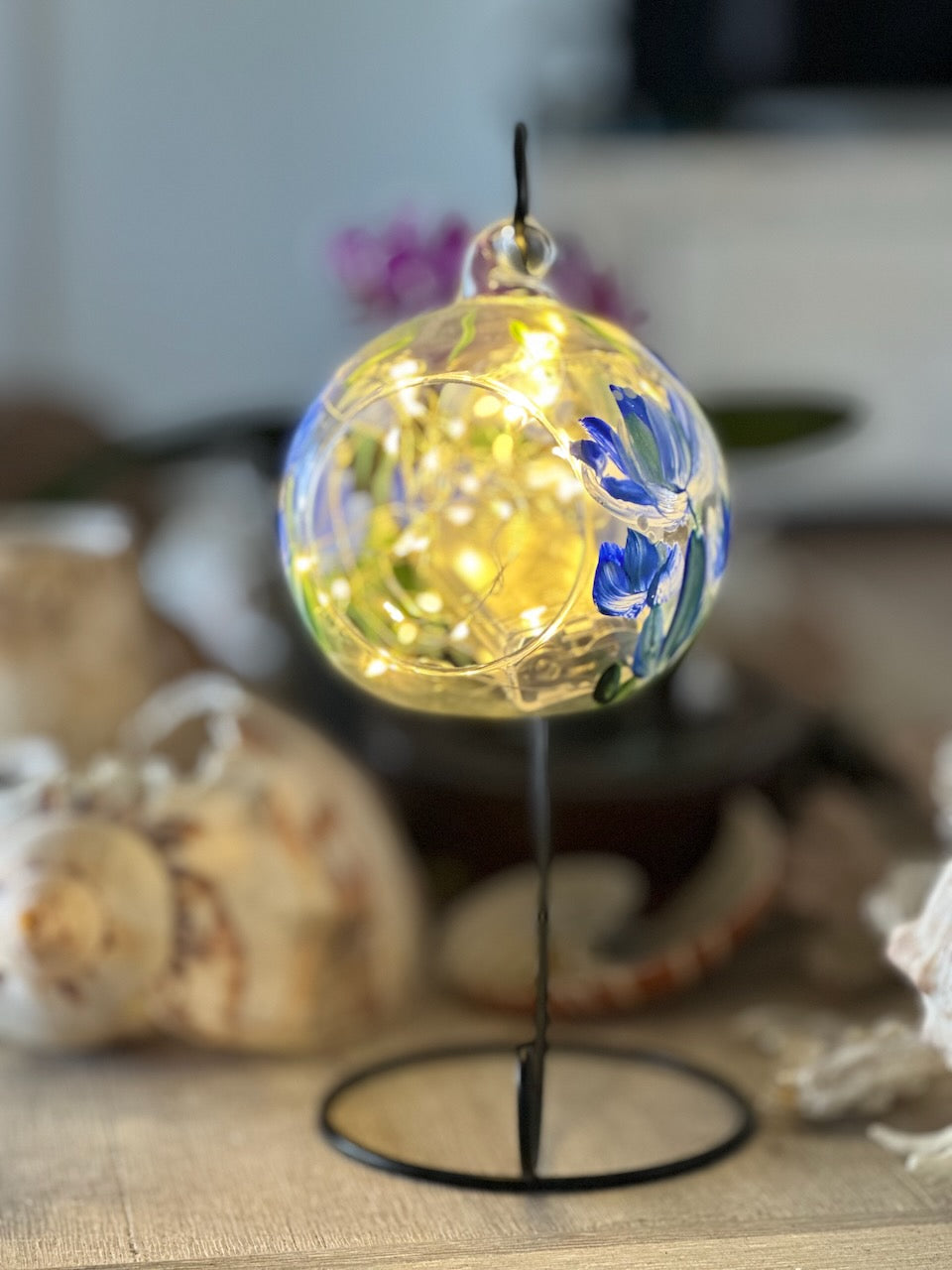 Glass Hanging Candle Holder Hand Painted With Blue Blooms