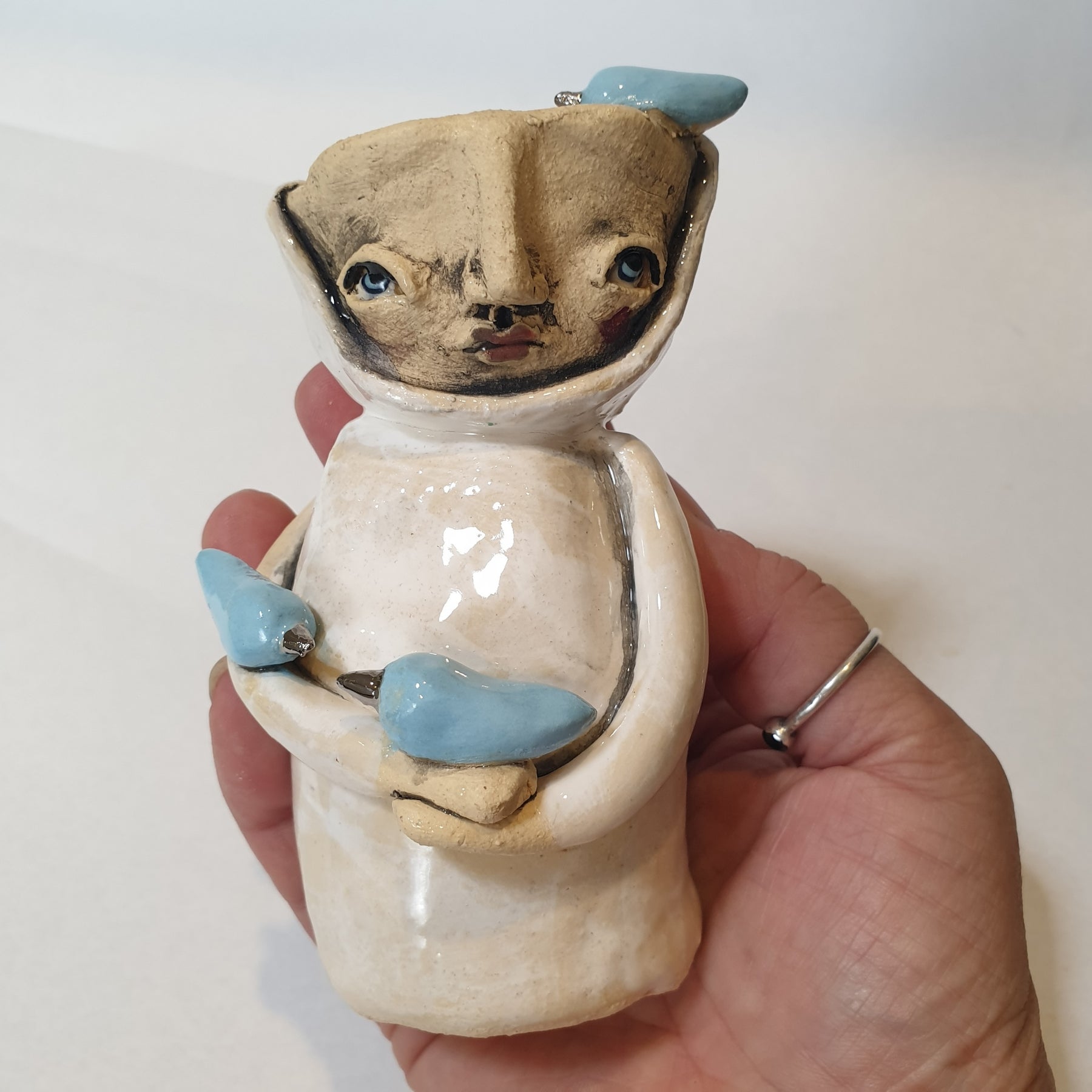 small character, birds, blue white