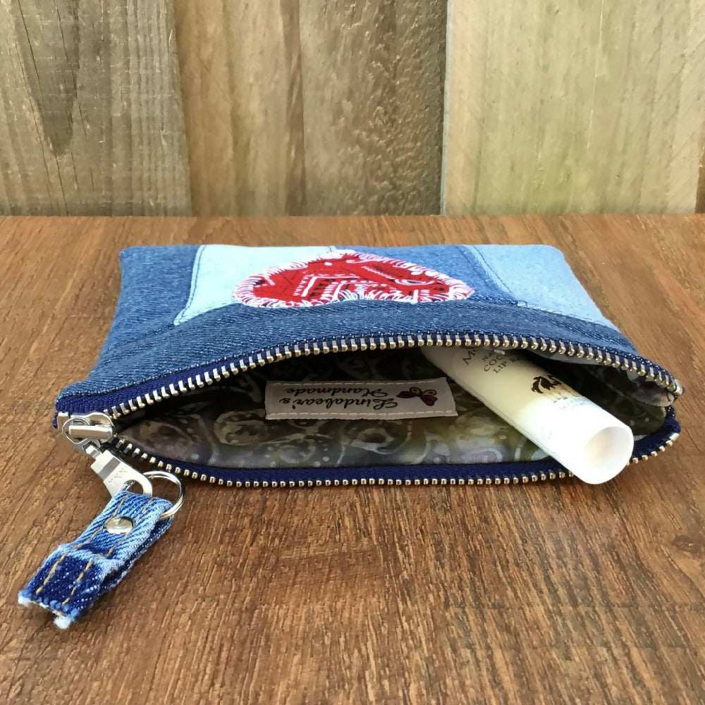 Upcycled Denim Purse - Red Paisley Heart