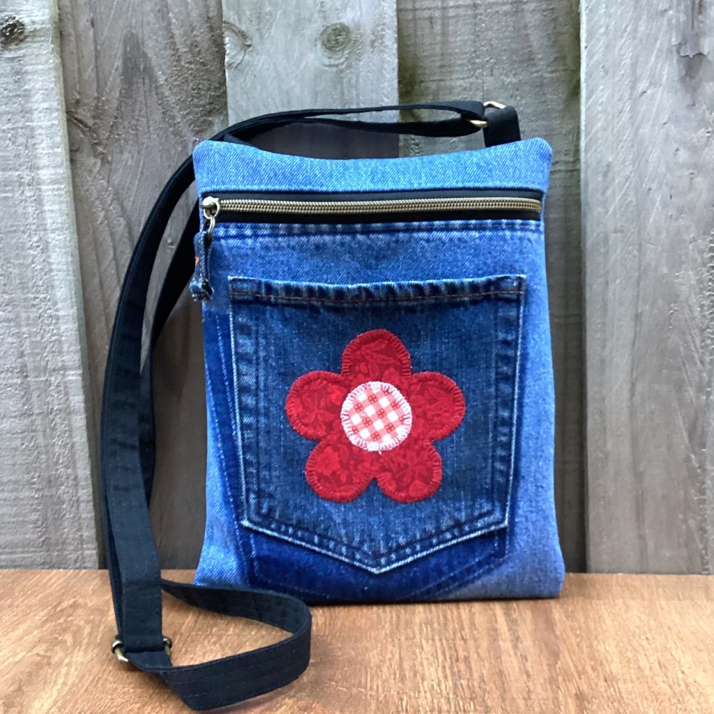 Upcycled Denim Crossbody Bag - Red Flower