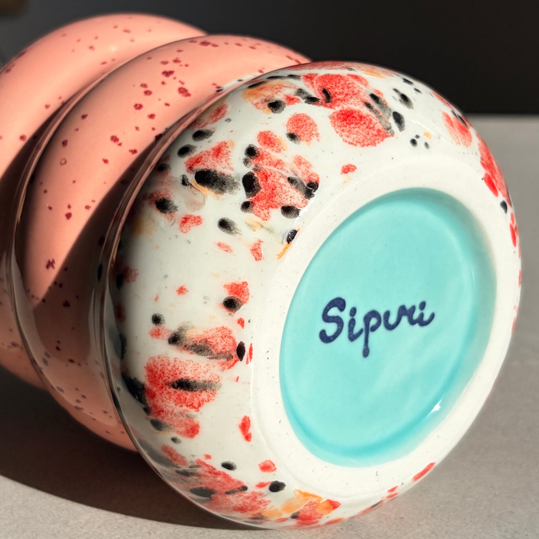 Handcrafted Porcelain Tumbler with Silicon Straw, 600mL Bubble Cup in Strawberry Boba Glaze