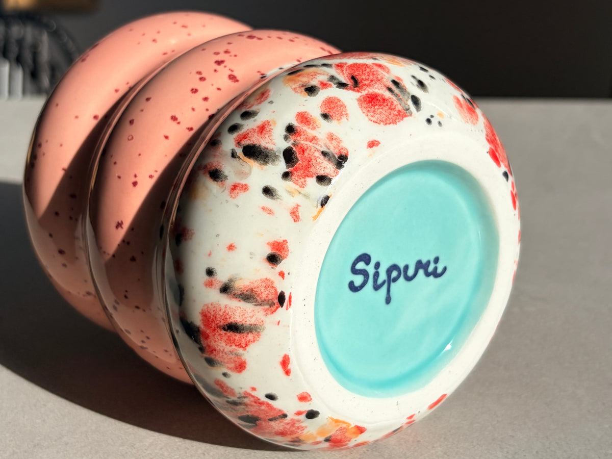 Handcrafted Porcelain Tumbler with Silicon Straw, 600mL Bubble Cup in Strawberry Boba Glaze