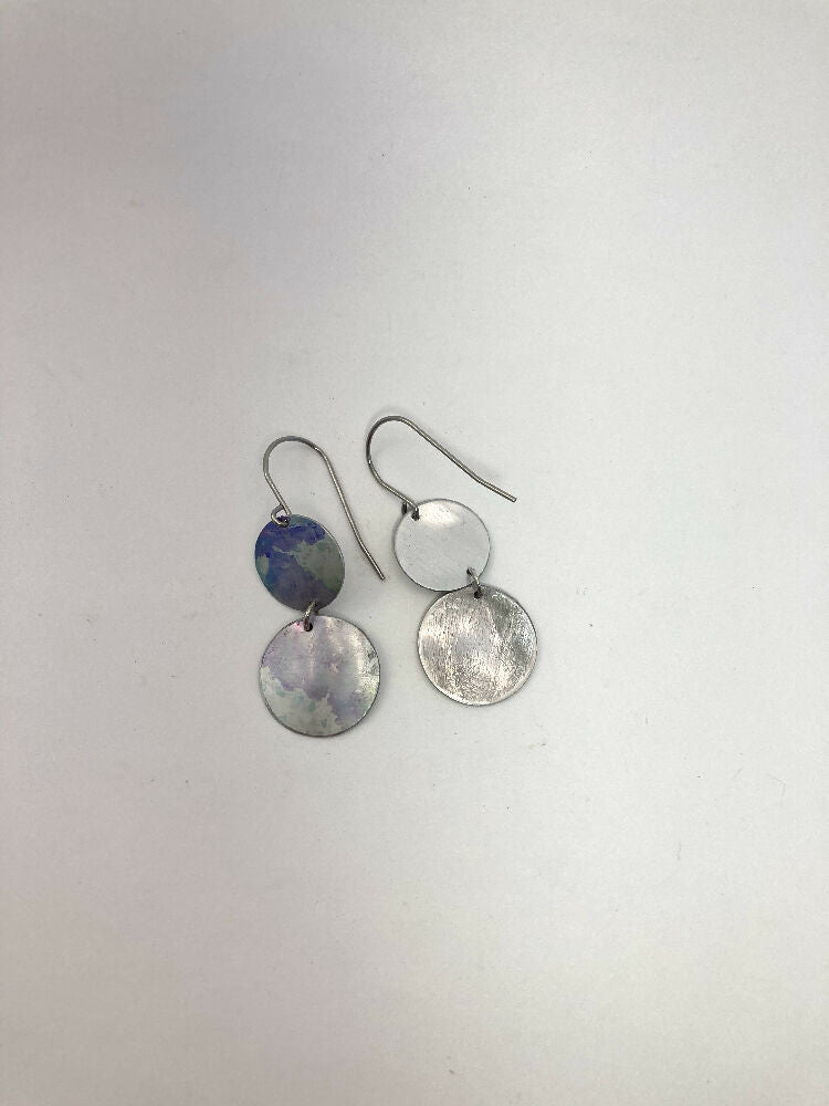 Printed, dyed and leaf textured anodised aluminium earrings