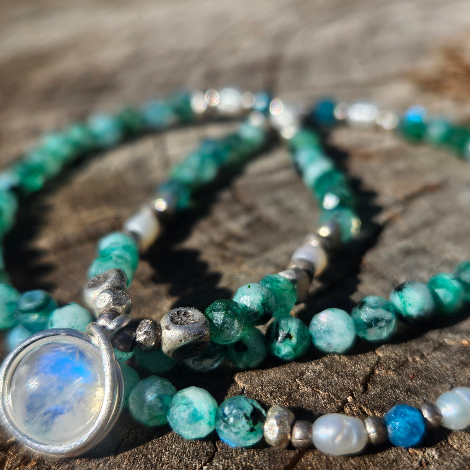 Green Labradorite, Apatite & Moonstone Necklace with Thai Silver & Freshwater Pearls