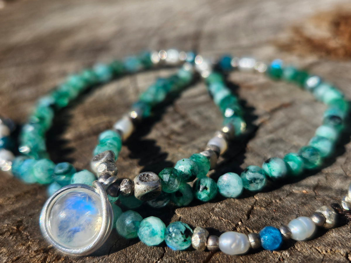 Green Labradorite, Apatite & Moonstone Necklace with Thai Silver & Freshwater Pearls