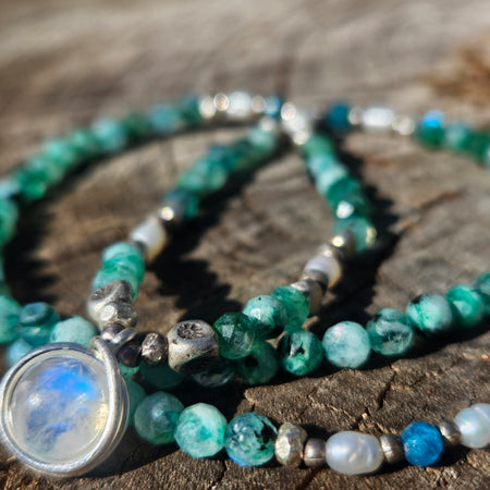 Green Labradorite, Apatite & Moonstone Necklace with Thai Silver & Freshwater Pearls
