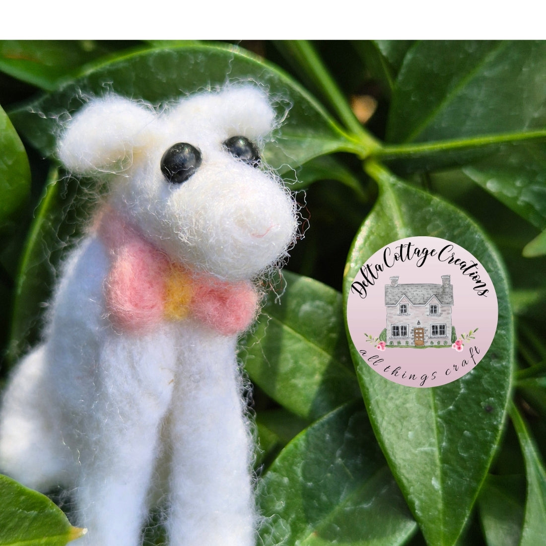 Needle Felted Dog Sitting with Pink Bow